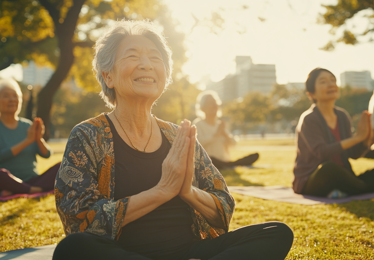 Старша жінка практикує йогу на природі